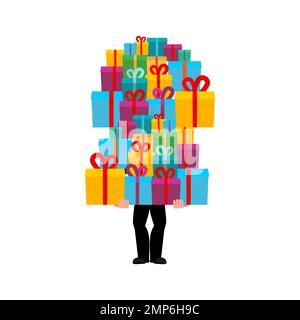 Man gives bunch of gifts box. Many gift boxes congratulations from man. Stock Vector