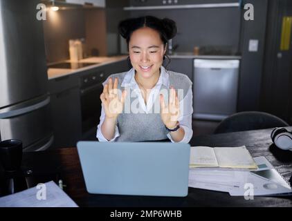 Video call, interview and corporate woman meeting online for remote work and wave at a laptop with internet. Business, communication and corporate Stock Photo