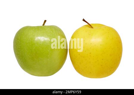 Image of two ripe green and yellow apples on a white background Stock Photo