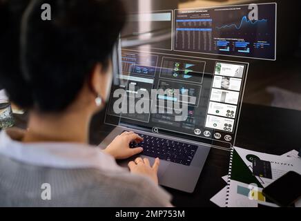 Woman, laptop hologram and dashboard of media, stock market data or economy of network innovation. Financial analysis, computer and digital overlay of Stock Photo