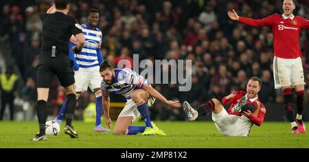 File photo dated 28-01-2023 of Manchester United's Christian Eriksen (right), who is expected to be sidelined until 'late April or early May' due to an ankle injury sustained in Manchester United's FA Cup win over Reading, the Premier League club have announced. Issue date: Tuesday January 31, 2023. Stock Photo