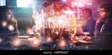 Computer, global cybersecurity and team programming software code, online website network, cloud computing database. Programming hacker, night overlay Stock Photo