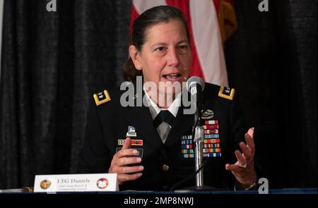 Army Reserve Lt. Gen. Jody Daniels, Chief of Army Reserve and Commanding General, U.S. Army Reserve Command, talks about the future of the Army Reserve during a discussion panel at the Association of the United States Army Convention in Washington, D.C., October 11. The theme of the six-member panel was 'Shaping the Army Reserve for 2030 and beyond'. Members included Brig. Gen. Stephanie Ahern, deputy of concepts, Army Futures Command, Australian Maj. Gen. Christopher Smith, deputy commanding general, U.S. Army Pacific, Peter Singer, a New York Times bestselling author, Benjamin Jensen, a seni Stock Photo