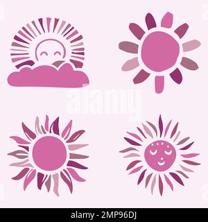 Cute whimsical sun and moon set of vector motifs. Illustration of night and day sky collection for children clipart.  Stock Vector