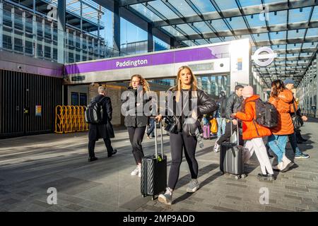 An entrance into The Elizabeth Line London Underground Station at Paddington in London, UK Stock Photo