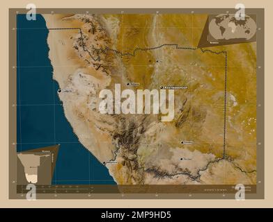 !Karas, region of Namibia. Low resolution satellite map. Locations and names of major cities of the region. Corner auxiliary location maps Stock Photo