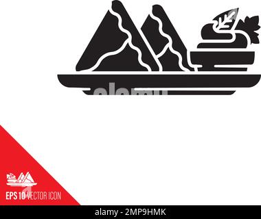 Indian Samosa on plate with cilantro and mint chutney in bowl vector glyph icon Stock Vector