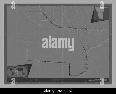Kavango West, region of Namibia. Bilevel elevation map with lakes and rivers. Locations and names of major cities of the region. Corner auxiliary loca Stock Photo