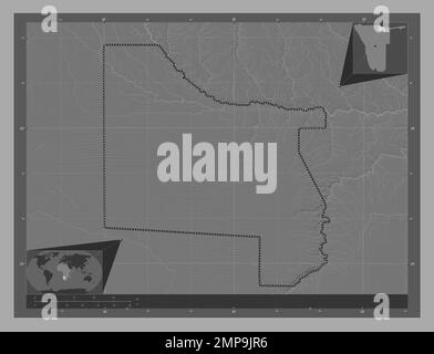 Kavango West, region of Namibia. Bilevel elevation map with lakes and rivers. Corner auxiliary location maps Stock Photo