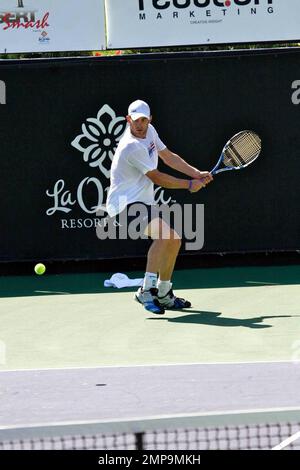 Tennis champion Andy Roddick gets in a practice session at the La ...