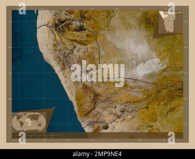 Kunene, region of Namibia. Low resolution satellite map. Locations of major cities of the region. Corner auxiliary location maps Stock Photo