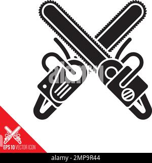 Two crossed chainsaws vector glyph icon. Stock Vector