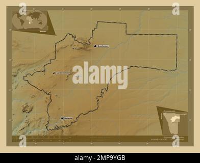 Otjozondjupa, region of Namibia. Colored elevation map with lakes and rivers. Locations and names of major cities of the region. Corner auxiliary loca Stock Photo