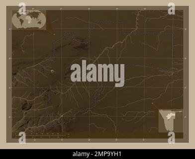 Otjozondjupa, region of Namibia. Elevation map colored in sepia tones with lakes and rivers. Corner auxiliary location maps Stock Photo