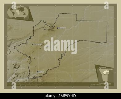 Otjozondjupa, region of Namibia. Elevation map colored in wiki style with lakes and rivers. Locations and names of major cities of the region. Corner Stock Photo