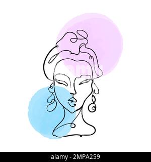 Simple, minimalist vector illustration of beautiful woman face. Line drawing With watercolor stains. Stock Vector