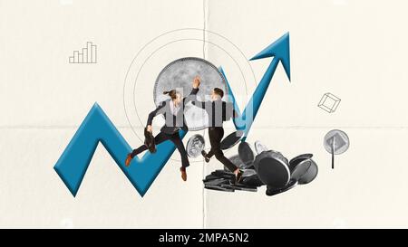 Contemporary art collage. Conceptual design. High five. Businessmen celebrating financial growth. Arrow going up. Earning money Stock Photo