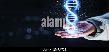 Doctor, hand or 3d dna helix in healthcare analytics, genetic engineering or life insurance mockup on isolated black background. Zoom, abstract or Stock Photo