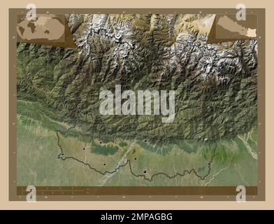 East, development region of Nepal. Low resolution satellite map. Locations of major cities of the region. Corner auxiliary location maps Stock Photo