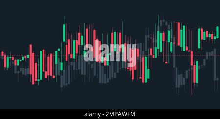 Japanese candlestick graph charts on dark blue background with dash line. Market investment. Forex trading, stock exchange and crypto price technical Stock Vector