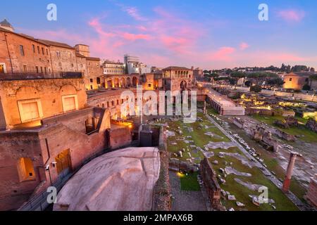 Rome, Italy overlooking Trajan's Forum at dusk. Stock Photo