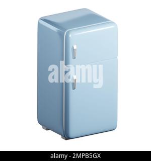 3D rendering of isometric vintage blue fridge freezer and fresh food storage. Keeping food refrigerated. Realistic illustration isolated on white back Stock Photo