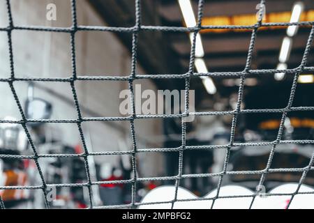 High angle view of a repair garage. View from the window net of a racing car. Stock Photo