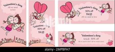 Lovely romantic template for social media,card, banner, poster, letter with happy lovers, pair. Vector illustration Stock Vector