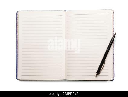Open empty notebook and pen isolated on white, top view Stock Photo