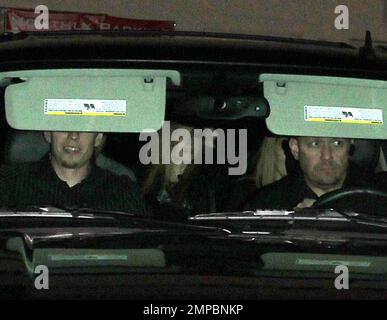 EXCLUSIVE!! Following break up rumors Punk Rock Princess Avril Lavigne and former 'Hills' star Brody Jenner were spotted leaving Mastro's Steakhouse in Beverly Hills together in the back of a chauffeured driven SUV earlier this week. Recent reports said that Lavigne, 27 had broken up with boyfriend of two years Jenner, 26 due to the couple's busy conflicting schedules. Los Angeles, CA. 18th January 2012. Stock Photo