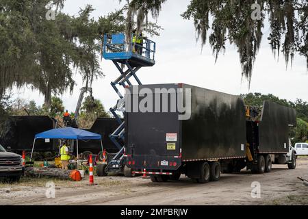 Sanford, FL, (Oct. 12, 2022) - Vegetative debris collected from Sanford, Florida is brought to the Yankee Lake Water Treatment Facility for final disposal. Robert Kaufmann/FEMA Stock Photo