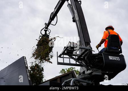 Sanford, FL, (Oct. 12, 2022) - Vegetative debris collected from Sanford, Florida is brought to the Yankee Lake Water Treatment Facility for final disposal. Robert Kaufmann/FEMA Stock Photo