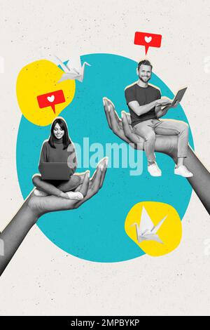 Collage photo artwork vertical cadre of two youngsters working remote chatting website instagram likes origami bird isolated on painted background Stock Photo
