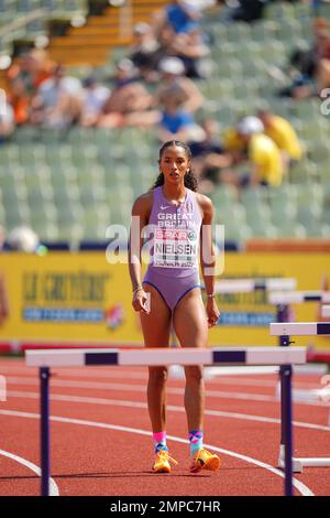 Lina NIELSEN participating in the 400 meters hurdles of the European Athletics Championships in Munich 2022. Stock Photo