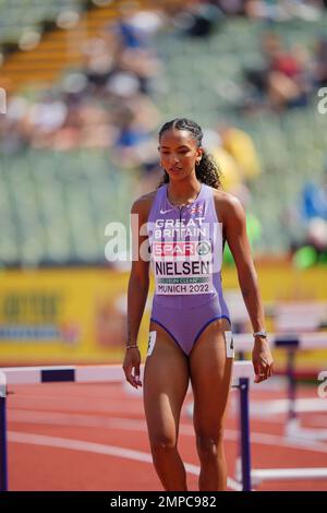 Lina NIELSEN participating in the 400 meters hurdles of the European Athletics Championships in Munich 2022. Stock Photo