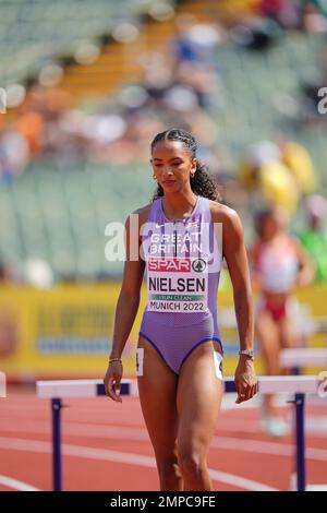 Lina NIELSEN participating in the 400 meters hurdles of the European Athletics Championships in Munich 2022. Stock Photo