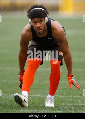 Cleveland Browns cornerback Michael Jordan catches a pass during NFL  football training camp, Thursday, July 26, 2018, in Berea, Ohio. (AP  Photo/Tony Dejak Stock Photo - Alamy