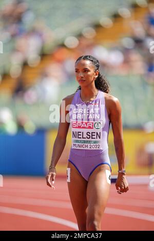 Lina NIELSEN participating in the 400 meters hurdles of the European Athletics Championships in Munich 2022. Stock Photo