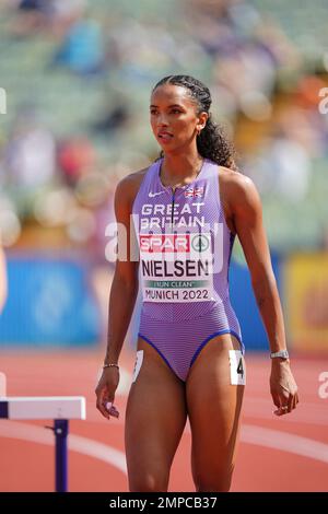 Lina NIELSEN participating in the 400 meters hurdles of the European Athletics Championships in Munich 2022. Stock Photo