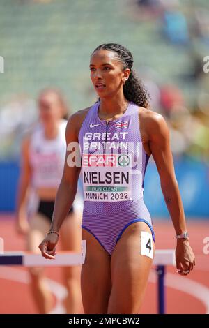 Lina NIELSEN participating in the 400 meters hurdles of the European Athletics Championships in Munich 2022. Stock Photo