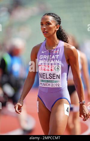 Lina NIELSEN participating in the 400 meters hurdles of the European Athletics Championships in Munich 2022. Stock Photo