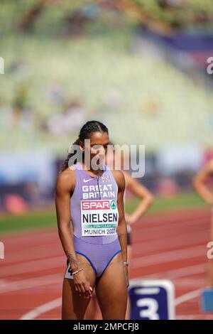 Lina NIELSEN participating in the 400 meters hurdles of the European Athletics Championships in Munich 2022. Stock Photo