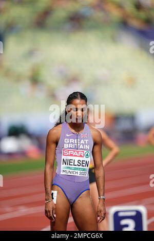 Lina NIELSEN participating in the 400 meters hurdles of the European Athletics Championships in Munich 2022. Stock Photo