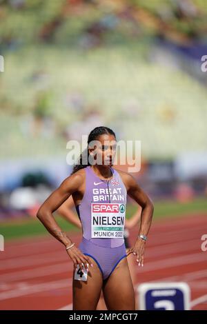 Lina NIELSEN participating in the 400 meters hurdles of the European Athletics Championships in Munich 2022. Stock Photo