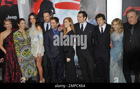 Zack Snyder, Deborah Snyder, Diane Lane, Gal Gadot, Ben Affleck, Amy Adams and Jesse Eisenberg at the New York Premiere of Warner Bros. Pictures’ “Batman v Superman: Dawn of Justice” at Radio City Music Hall. 20th March, 2016. Stock Photo