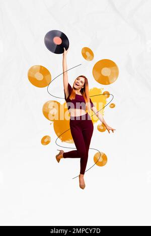 Minimalistic photo collage poster postcard picture sketch of beautiful attractive lady occasion good mood isolated on drawing background Stock Photo