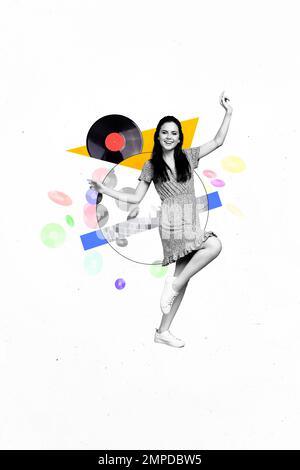 Vertical collage picture of cheerful excited black white gamma girl dancing painted vinyl records isolated on creative background Stock Photo