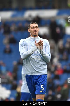 Lewis Dunk of Brighton during the Emirates FA Cup Fourth Round match between Brighton & Hove Albion and  Liverpool at The American Express Community Stadium , Brighton , UK - 29th January 2023 Photo Simon Dack/Telephoto Images Editorial use only. Photo Simon Dack/Telephoto Images No merchandising. For Football images FA and Premier League restrictions apply inc. no internet/mobile usage without FAPL license - for details contact Football Dataco