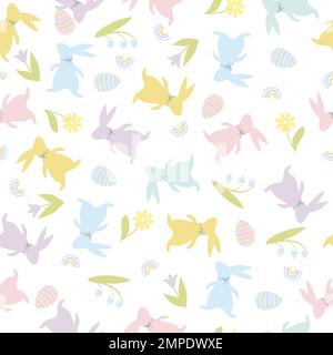 Easter seamless pattern in cartoon style. Colorful childish doodle with rabbits and eggs, flowers and rainbow. Creative baby texture for fabric, paper Stock Vector