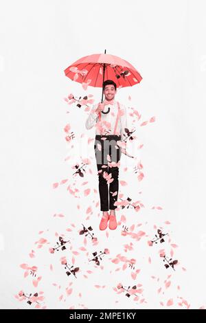 Minimalistic photo collage poster postcard greeting card of positive optimistic man hold parasol isolated on white painted background Stock Photo